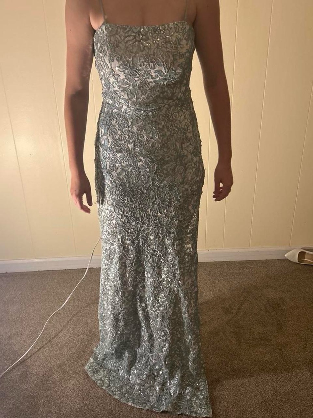 Honey and Rosie Silver Lace Sequin Spaghetti-Strap Gown